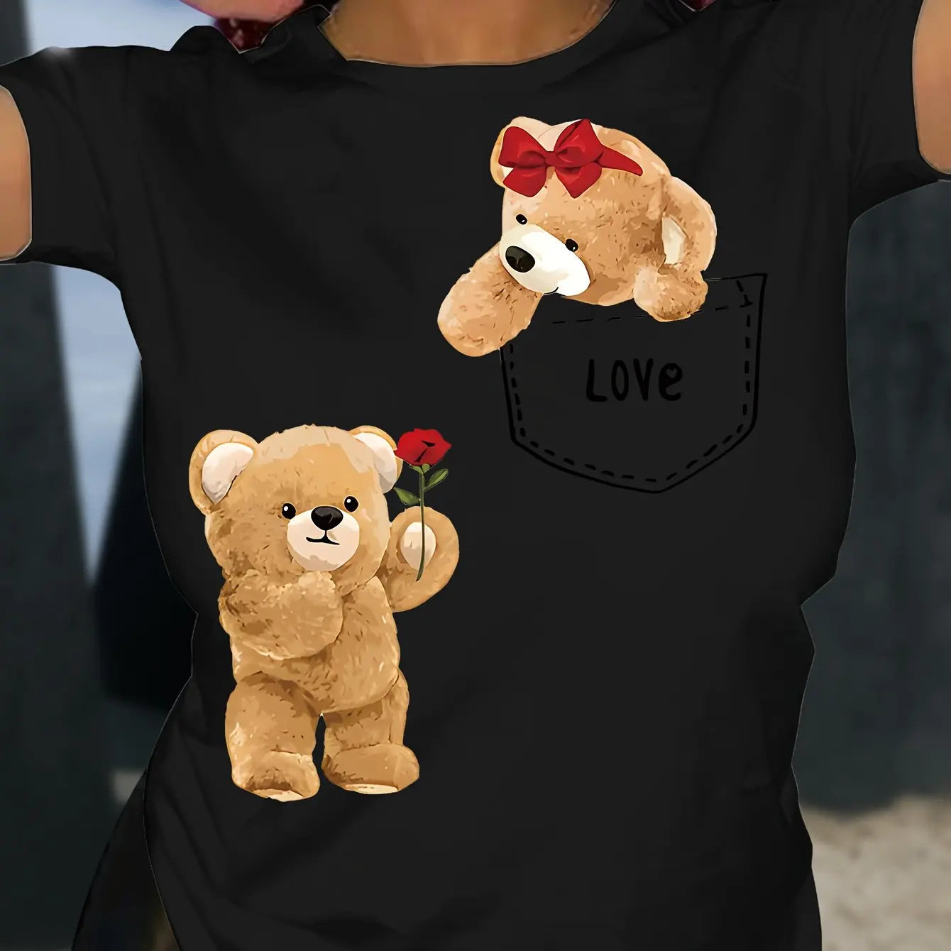 Cute Bear Print T-shirt Short Sleeve Crew Neck Casual Top for Summer & Spring Women's Clothing Casual Female Clothing