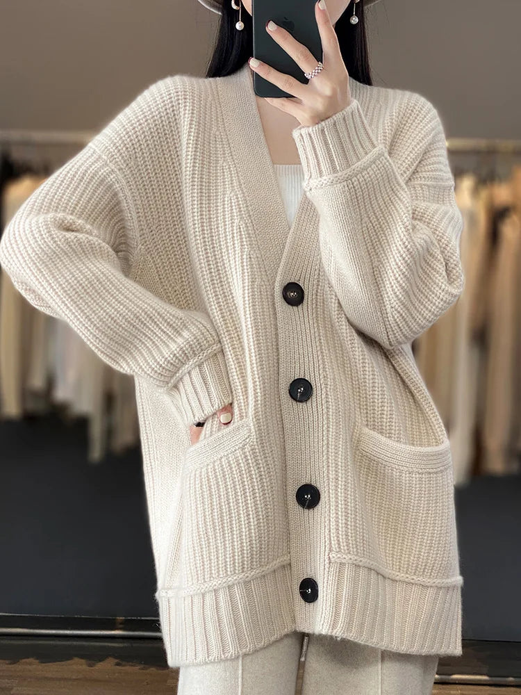 2024 new autumn and winter women's clothing, mid-length wool cardigan, casual, Korean style, popular, cardigan knitted sweater