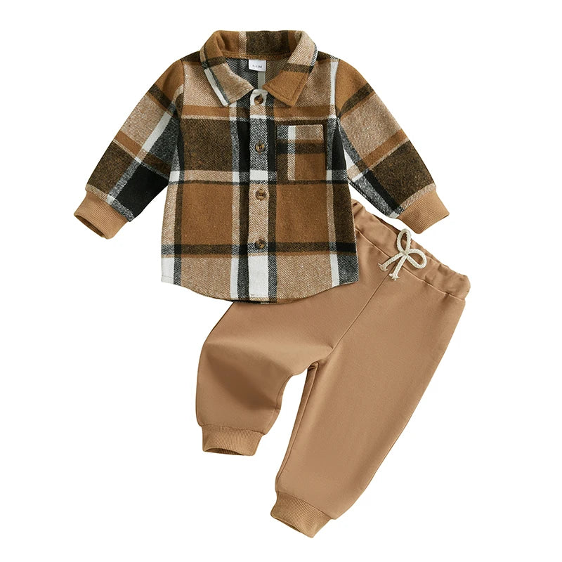 Kids Baby Boy Autumn Clothes Outfits Plaid Print Long Sleeve Shirt and Elastic Pants 2 Piece Sets for Toddlers 0-5Years