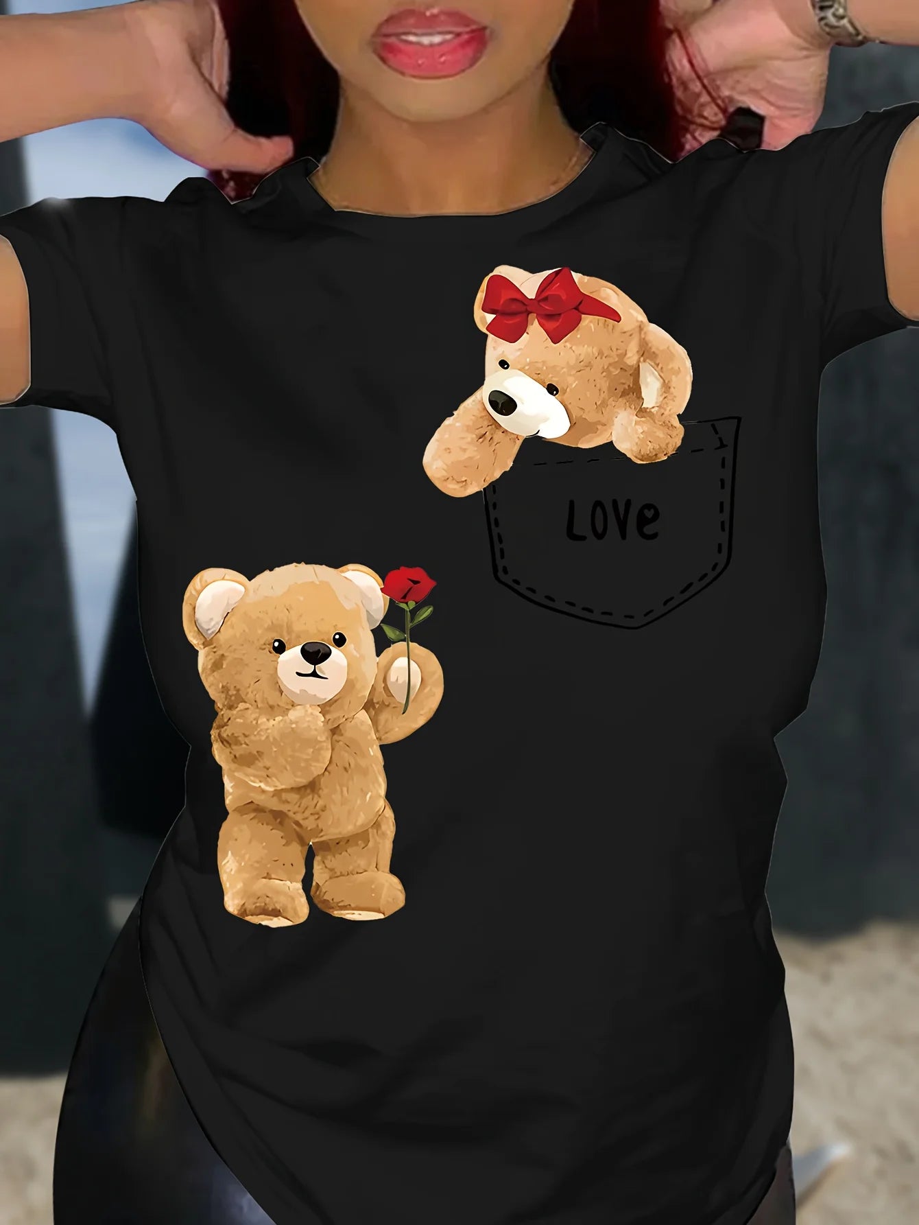 Cute Bear Print T-shirt Short Sleeve Crew Neck Casual Top for Summer & Spring Women's Clothing Casual Female Clothing