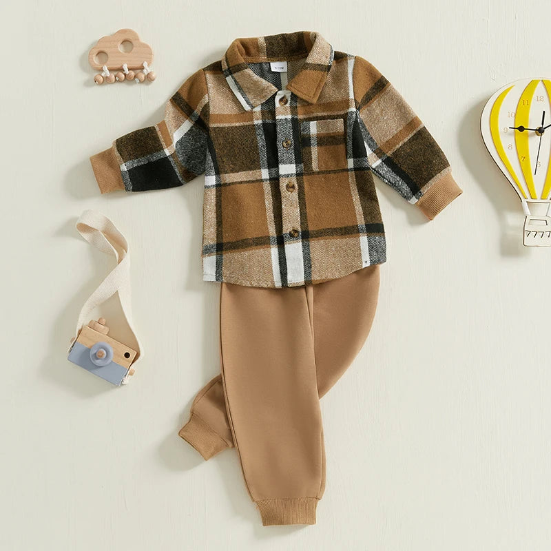 Kids Baby Boy Autumn Clothes Outfits Plaid Print Long Sleeve Shirt and Elastic Pants 2 Piece Sets for Toddlers 0-5Years