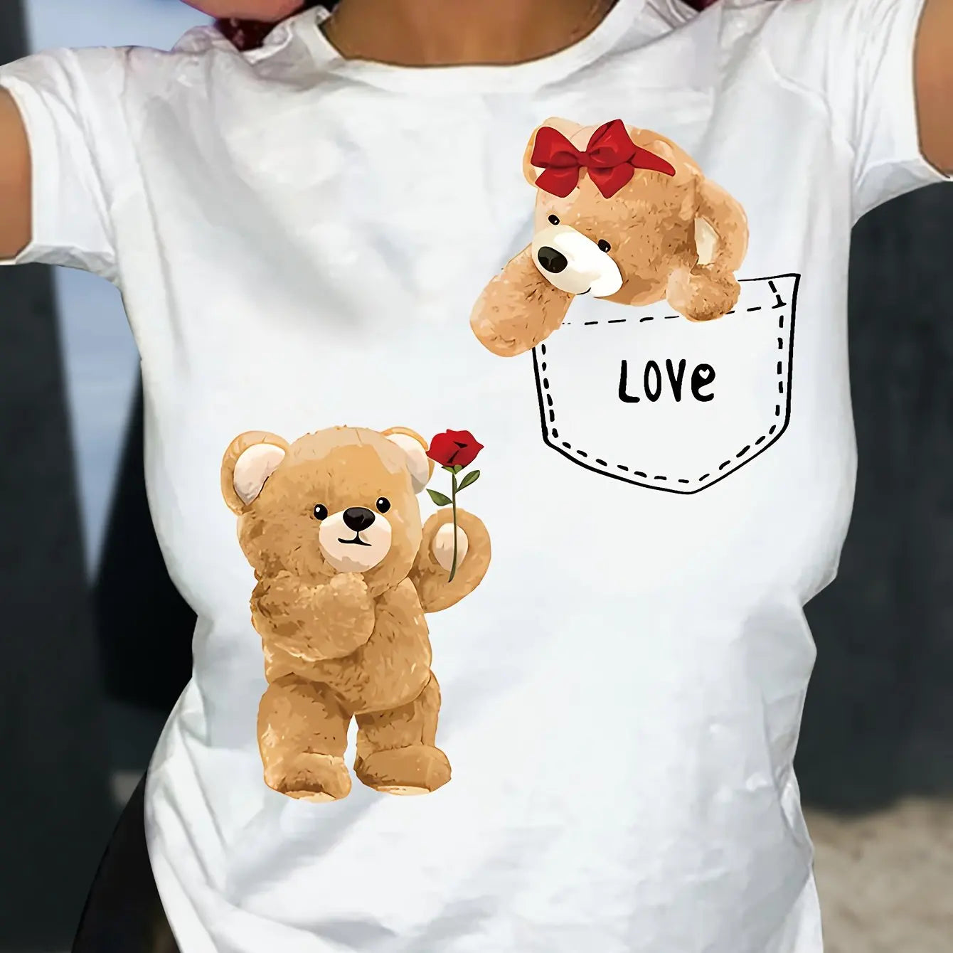 Cute Bear Print T-shirt Short Sleeve Crew Neck Casual Top for Summer & Spring Women's Clothing Casual Female Clothing