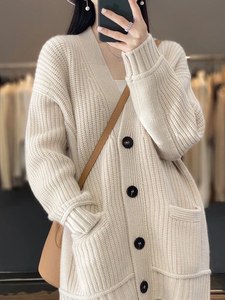 2024 new autumn and winter women's clothing, mid-length wool cardigan, casual, Korean style, popular, cardigan knitted sweater