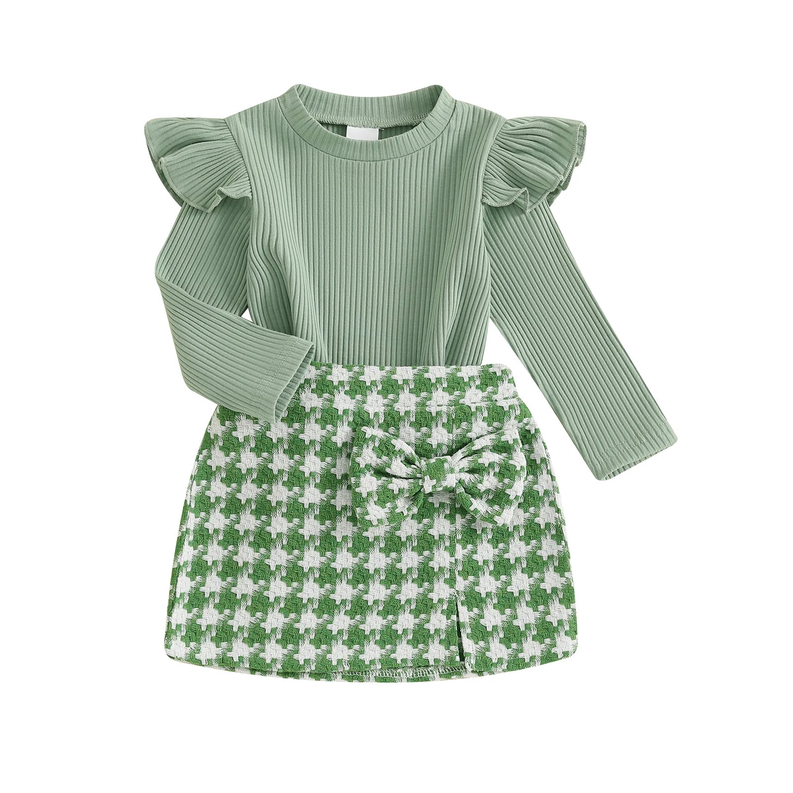 Kids Baby Girls Autumn Clothes Sets Ruffles Long Sleeve Crew Neck T-shirt and Bow Houndstooth Skirt 2-piece Outfits for 1-4Years