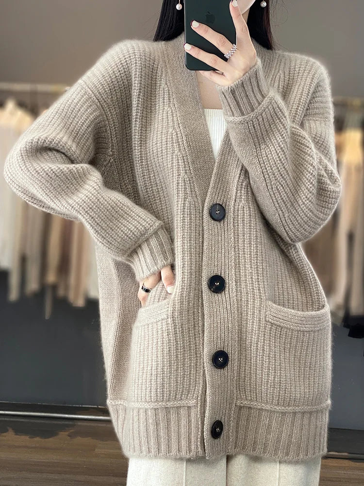 2024 new autumn and winter women's clothing, mid-length wool cardigan, casual, Korean style, popular, cardigan knitted sweater