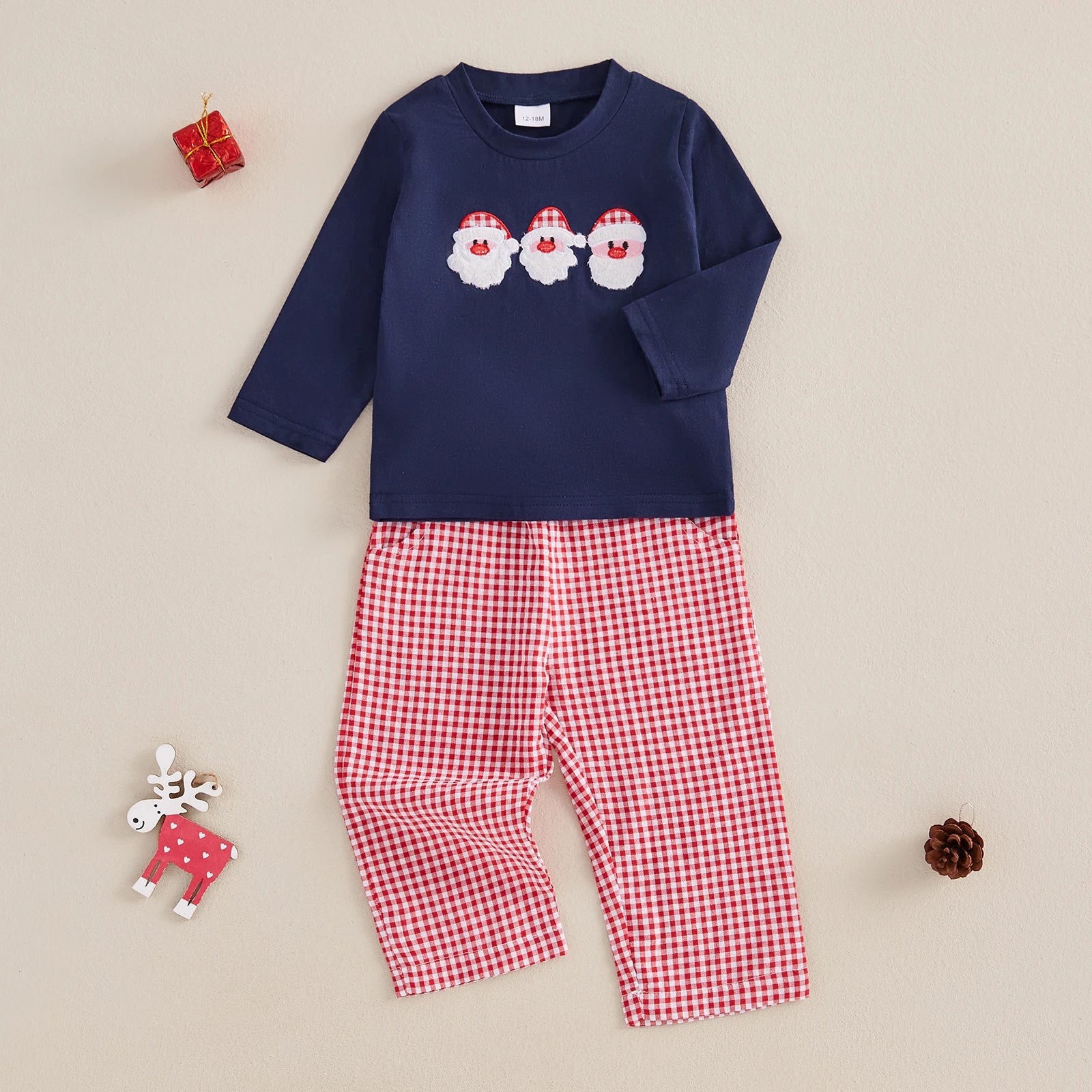 1-4Years Kids Girl Boy Christmas Outfits Santa Claus Head Embroidery Long Sleeve Sweatshirt and Plaid Pants Toddlers 2Pieces Set