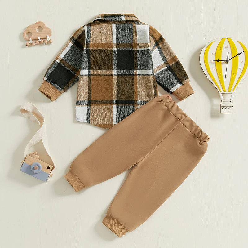 Kids Baby Boy Autumn Clothes Outfits Plaid Print Long Sleeve Shirt and Elastic Pants 2 Piece Sets for Toddlers 0-5Years